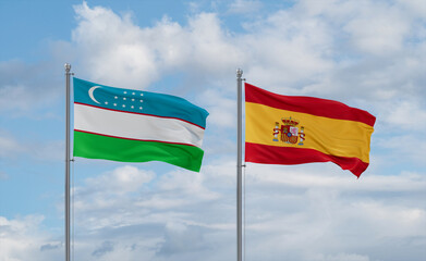 Spain and Uzbekistan flags, country relationship concept