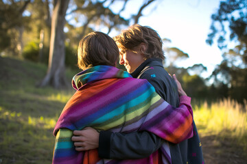 Back view of gay couple with rainbow flag in the park. LGBT concept