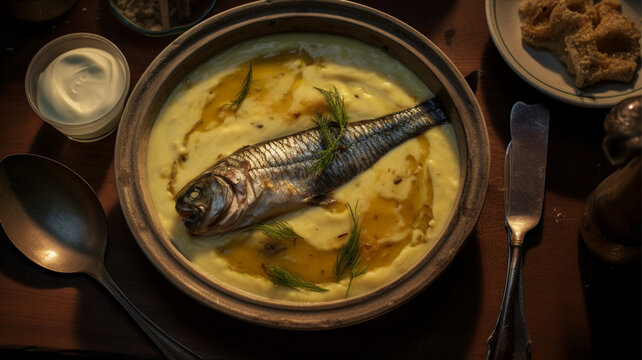 picture of meal from above, dead fiish in custard