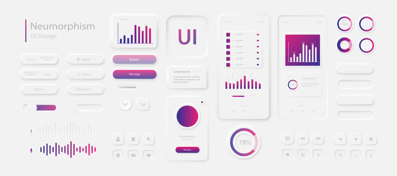 The user interface elements for the mobile app are white and purple. A set for developing a modern website or mobile application in the Neumorphism style. Vector EPS 10.