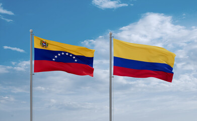 Colombia and Venezuela flags, country relationship concept