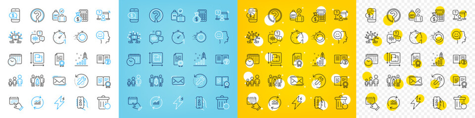 Vector icons set of Teamwork question, Help and Recovery trash line icons pack for web with Partnership, Power, Update data outline icon. Phone payment, Recovery tool, Floor plan pictogram. Vector