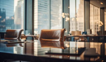 Modern office, empty conference table, coffee table, chairs and city lights.