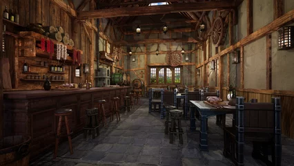 Fotobehang Medieval tavern bar with food and drink on tables and daylight through a window. 3D illustration. © IG Digital Arts