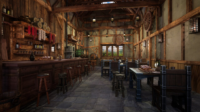 Medieval tavern bar with food and drink on tables and daylight through a window. 3D illustration.