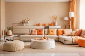 Fototapeta na wymiar beige and light orange room interior of modern living room 