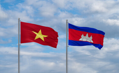 Cambodia and Vietnam flags, country relationship concept