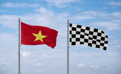 Checkered racing and Vietnam flags, country relationship concept