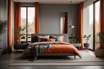 A spacious modern  bedroom in grey and orange tones