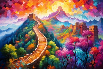 Colorful abstract painting of the Great Wall of China in a landscape setting. Generative AI