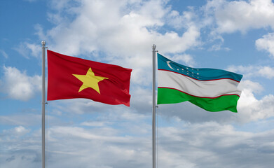 Uzbekistan and Vietnam flags, country relationship concept