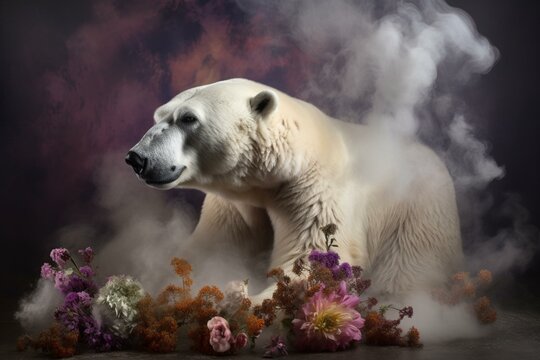 Polar bear adorned with flower motifs and surrounded by smoke. Generative AI