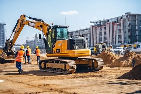 Construction site: team of workers against the backdrop of large construction vehicles. Bulldozers and excavators. The process of preparing the foundation of a building
