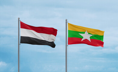 Myanmar and Yemen flags, country relationship concept
