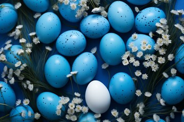 Blue eggs on Easter background. Flat lay, top view. Generative AI
