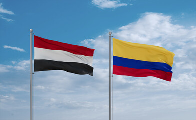 Colombia and Yemen flags, country relationship concept