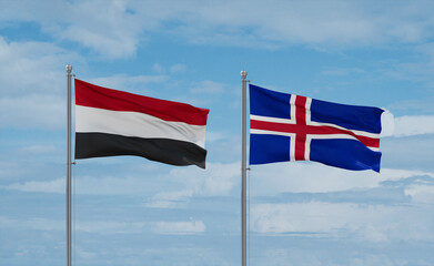 Iceland and Yemen flags, country relationship concept