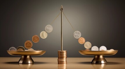 Financial Imbalance: Coins Tipping Over Balance Scale - obrazy, fototapety, plakaty
