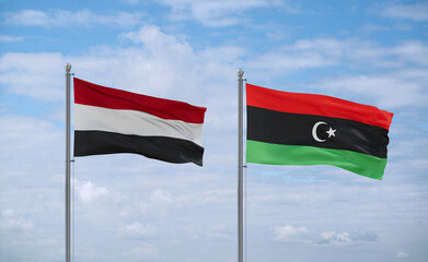 Libya and Yemen flags, country relationship concept