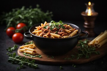 Penne pasta with tomato sauce meat and pea sprouts on a dark table top view 