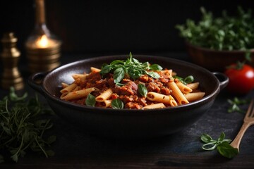 Penne pasta with tomato sauce meat and pea sprouts on a dark table top view 