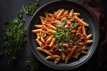 Penne pasta with tomato sauce meat and pea sprouts on a dark table top view 