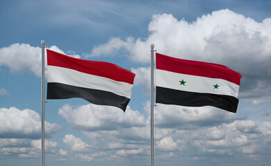 Syrian and Yemen flags, country relationship concept