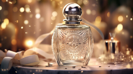 close up of perfume bottle with embrossing on christmas bokeh background, holiday advertising - obrazy, fototapety, plakaty