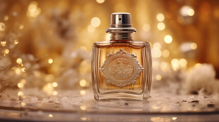 close up of perfume bottle with embrossing on christmas bokeh background, holiday advertising