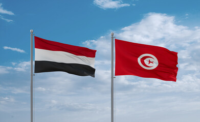 Tunisia and Yemen flags, country relationship concept