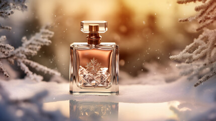 close up of perfume bottle with embrossing on christmas background, holiday advertising - obrazy, fototapety, plakaty