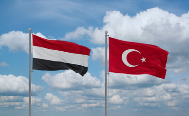 Turkey and Yemen flags, country relationship concept