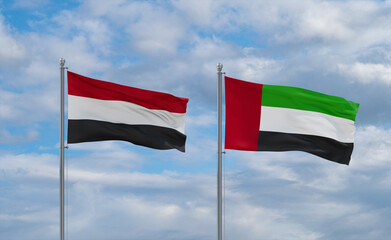 UAE and Yemen flags, country relationship concept