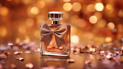a close-up of a small elegant perfume bottle with a cute bow on bokeh background, Christmas advertising campaign - obrazy, fototapety, plakaty
