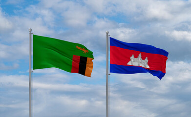 Cambodia and Zambia flags, country relationship concept