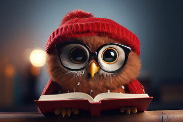 A cute quirky, red-colored owl wearing oversized glasses reading book.