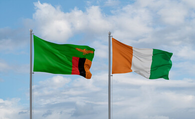 Ivory Coast and Zambia flags, country relationship concept
