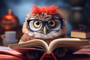 A cute quirky, red-colored owl wearing oversized glasses reading book.