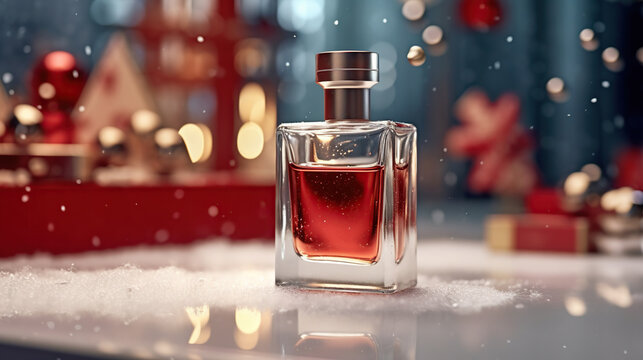 Close Up Of Square Perfume Bottle On Christmas Background 