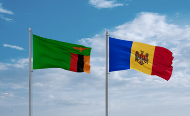 Moldova and Zambia flags, country relationship concept