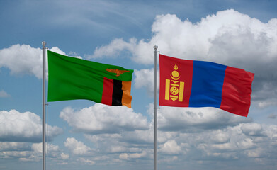 Mongolia and Zambia flags, country relationship concept