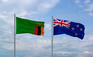New Zealand and Zambia flags, country relationship concept
