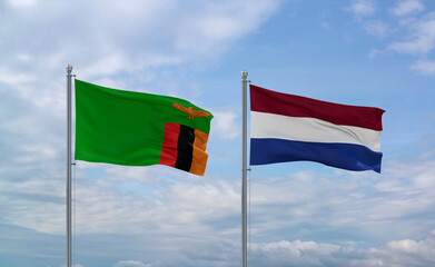 Netherlands and Zambia flags, country relationship concept