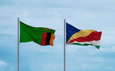 Seychelles and Zambia flags, country relationship concept
