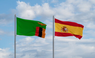 Spain and Zambia flags, country relationship concept