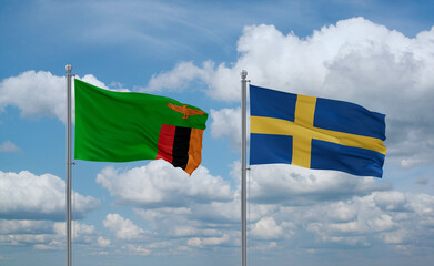 Sweden and Zambia flags, country relationship concept