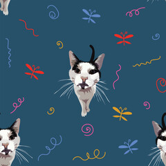 Seamless pattern with cats, holiday texture. Seamless navy color pattern with funny detailed illustrations of kittens, colorful swirls, and butterflies. Wrapping, holiday gift. Abstract. Colorful tile