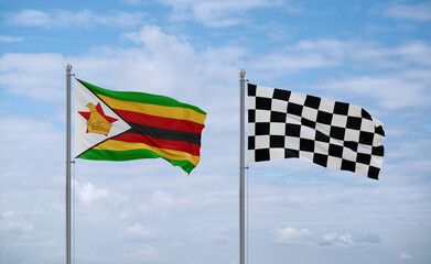 Checkered racing and Zimbabwe flags, country relationship concept