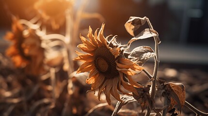 End of Season: Withered Sunflowers in the Field at Sunset