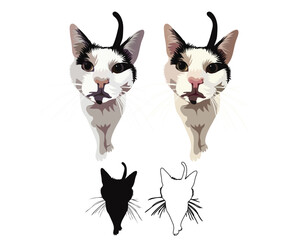 Cat portrait. Top view. Sticker on a white background. Cute detailed mongrel Drawing. Cartoon style. Popular character. Black stroke, dog outlines. Brown silhouette. Flat style. cat stickers set.